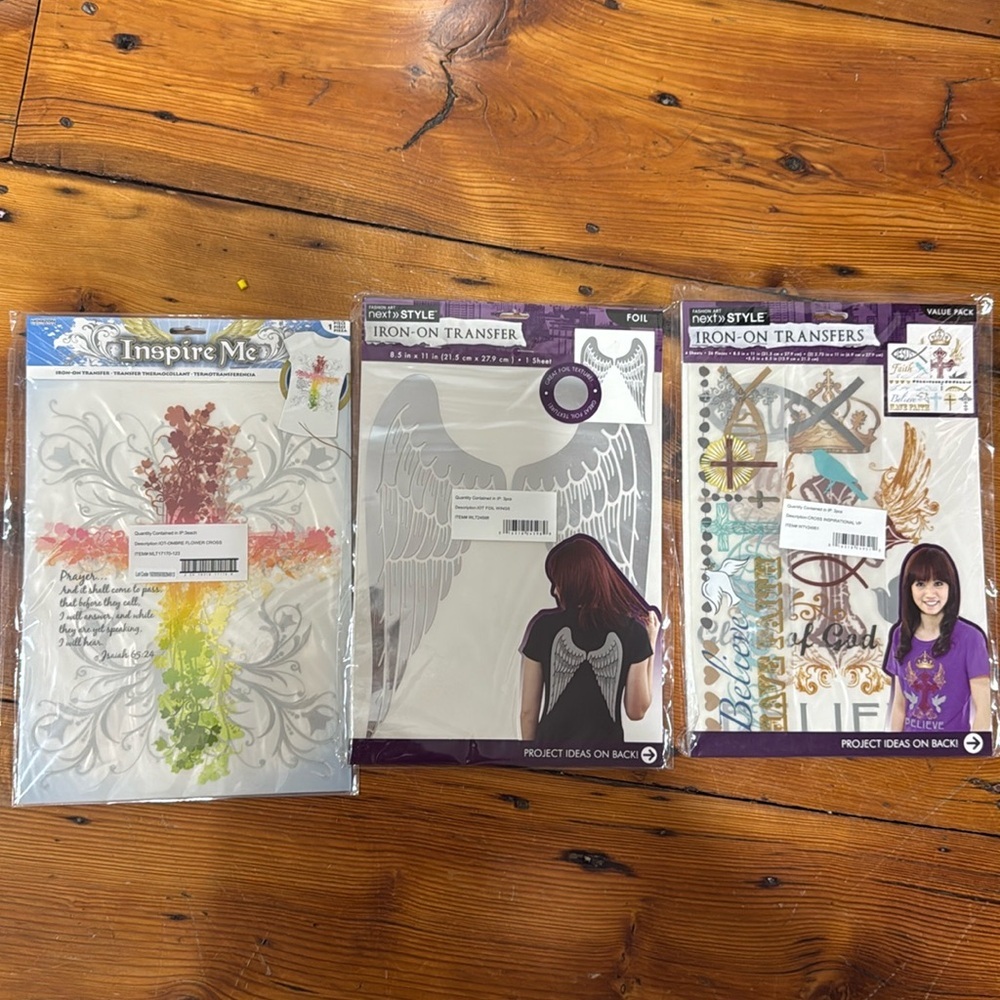 Christian cross, faith, angel wings iron on transfers make your own t-shirt NIB